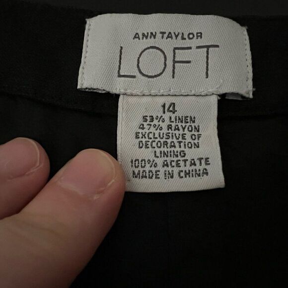 Ann Taylor Loft Pants 14 Womens Embroidered Scalloped Eyelet Bottom Black Linen - Picture 8 of 9